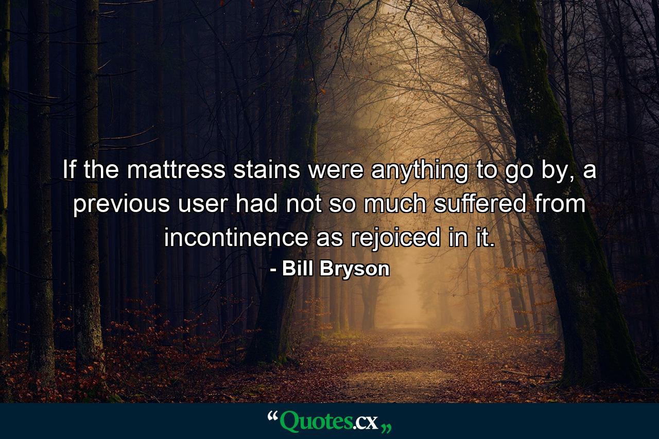 If the mattress stains were anything to go by, a previous user had not so much suffered from incontinence as rejoiced in it. - Quote by Bill Bryson