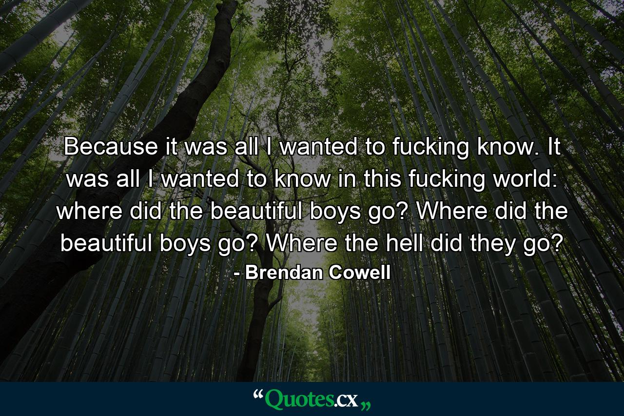 Because it was all I wanted to fucking know. It was all I wanted to know in this fucking world: where did the beautiful boys go? Where did the beautiful boys go? Where the hell did they go? - Quote by Brendan Cowell