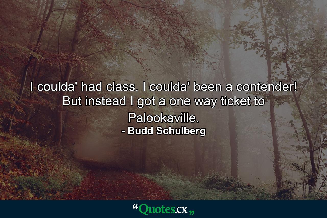 I coulda' had class. I coulda' been a contender! But instead I got a one way ticket to Palookaville. - Quote by Budd Schulberg