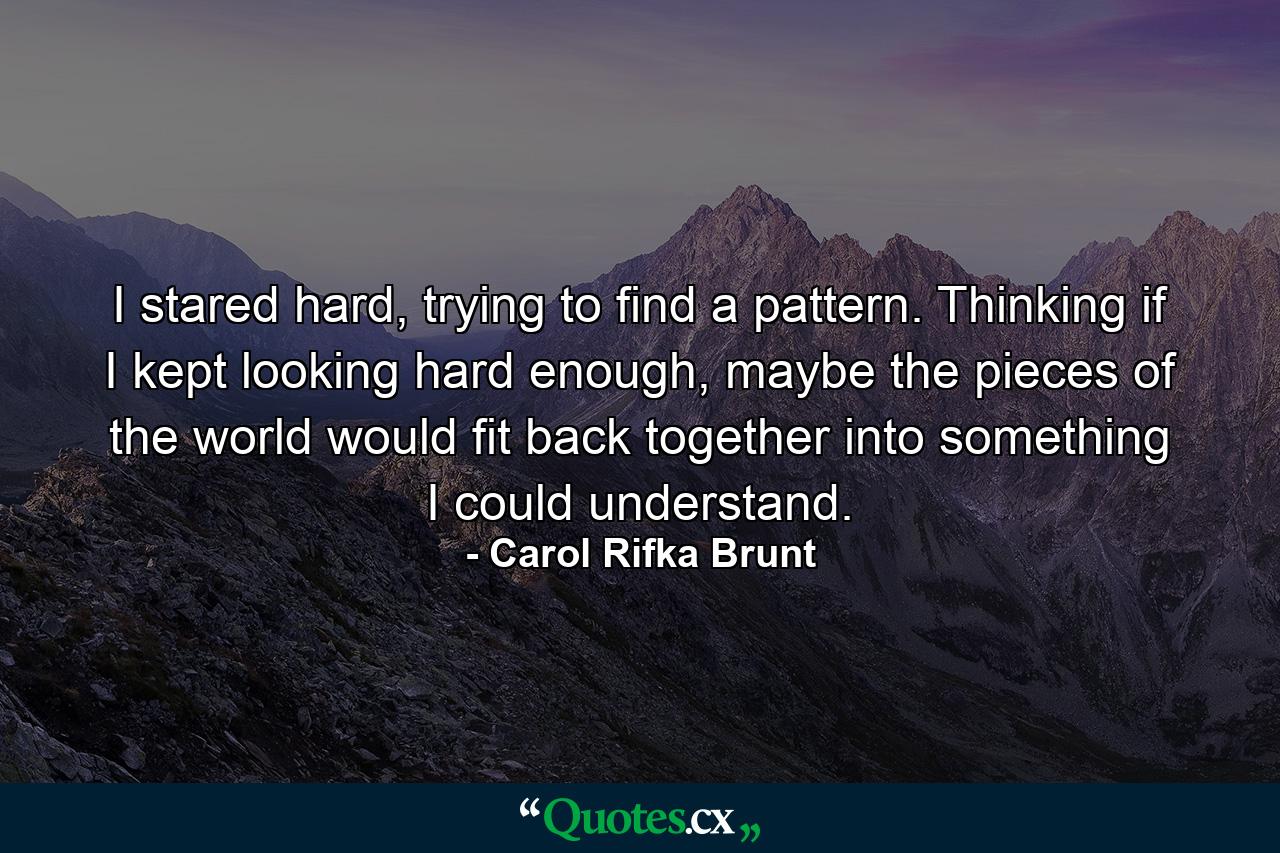 I stared hard, trying to find a pattern. Thinking if I kept looking hard enough, maybe the pieces of the world would fit back together into something I could understand. - Quote by Carol Rifka Brunt