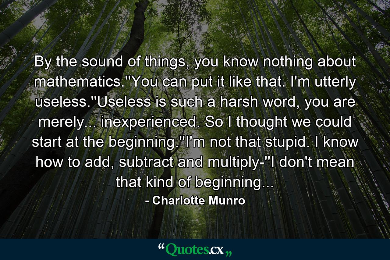 By the sound of things, you know nothing about mathematics.''You can put it like that. I'm utterly useless.''Useless is such a harsh word, you are merely... inexperienced. So I thought we could start at the beginning.''I'm not that stupid. I know how to add, subtract and multiply-''I don't mean that kind of beginning... - Quote by Charlotte Munro