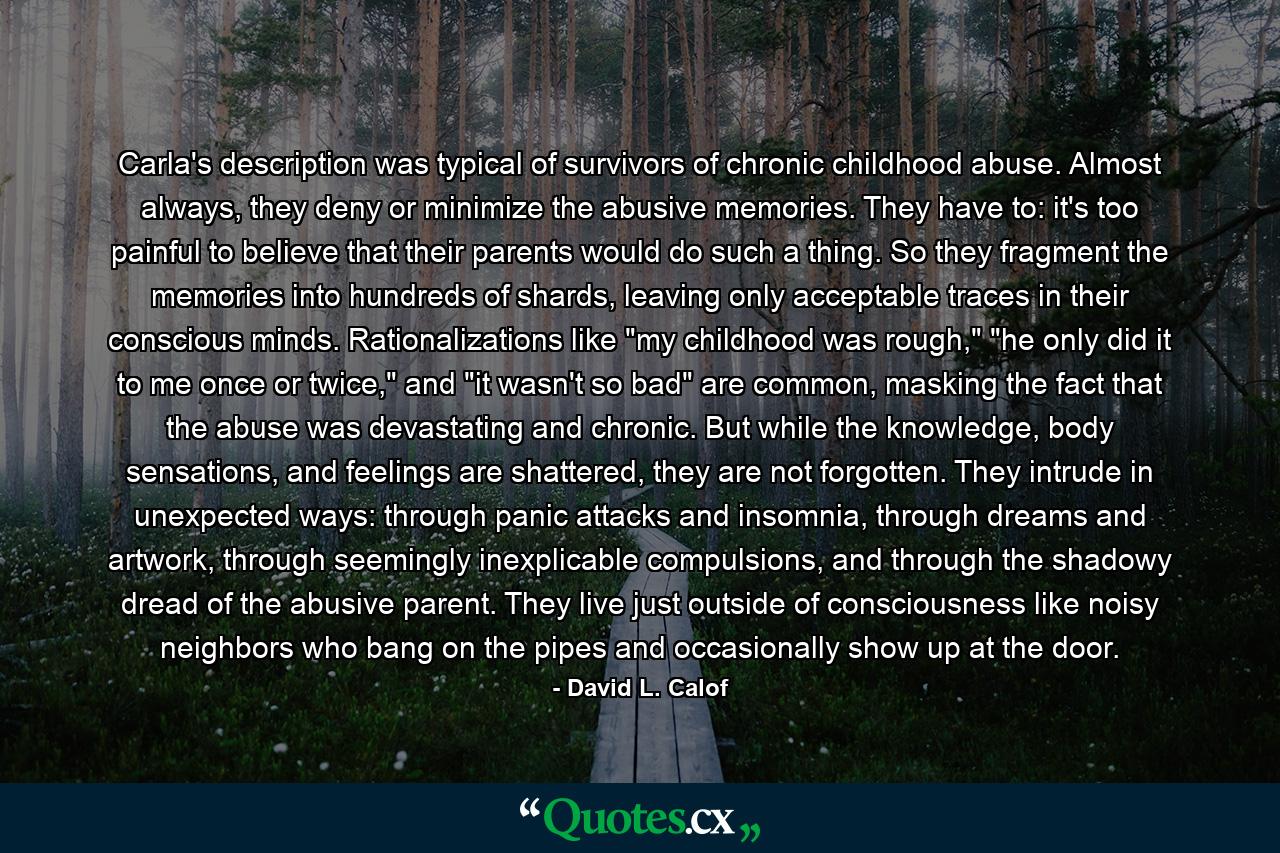 Carla's description was typical of survivors of chronic childhood abuse. Almost always, they deny or minimize the abusive memories. They have to: it's too painful to believe that their parents would do such a thing. So they fragment the memories into hundreds of shards, leaving only acceptable traces in their conscious minds. Rationalizations like 