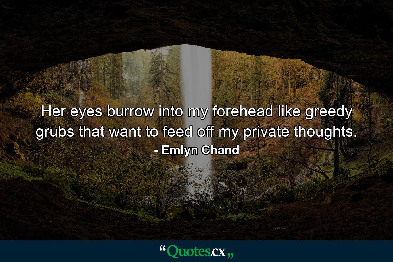 Her eyes burrow into my forehead like greedy grubs that want to feed off my private thoughts. - Quote by Emlyn Chand