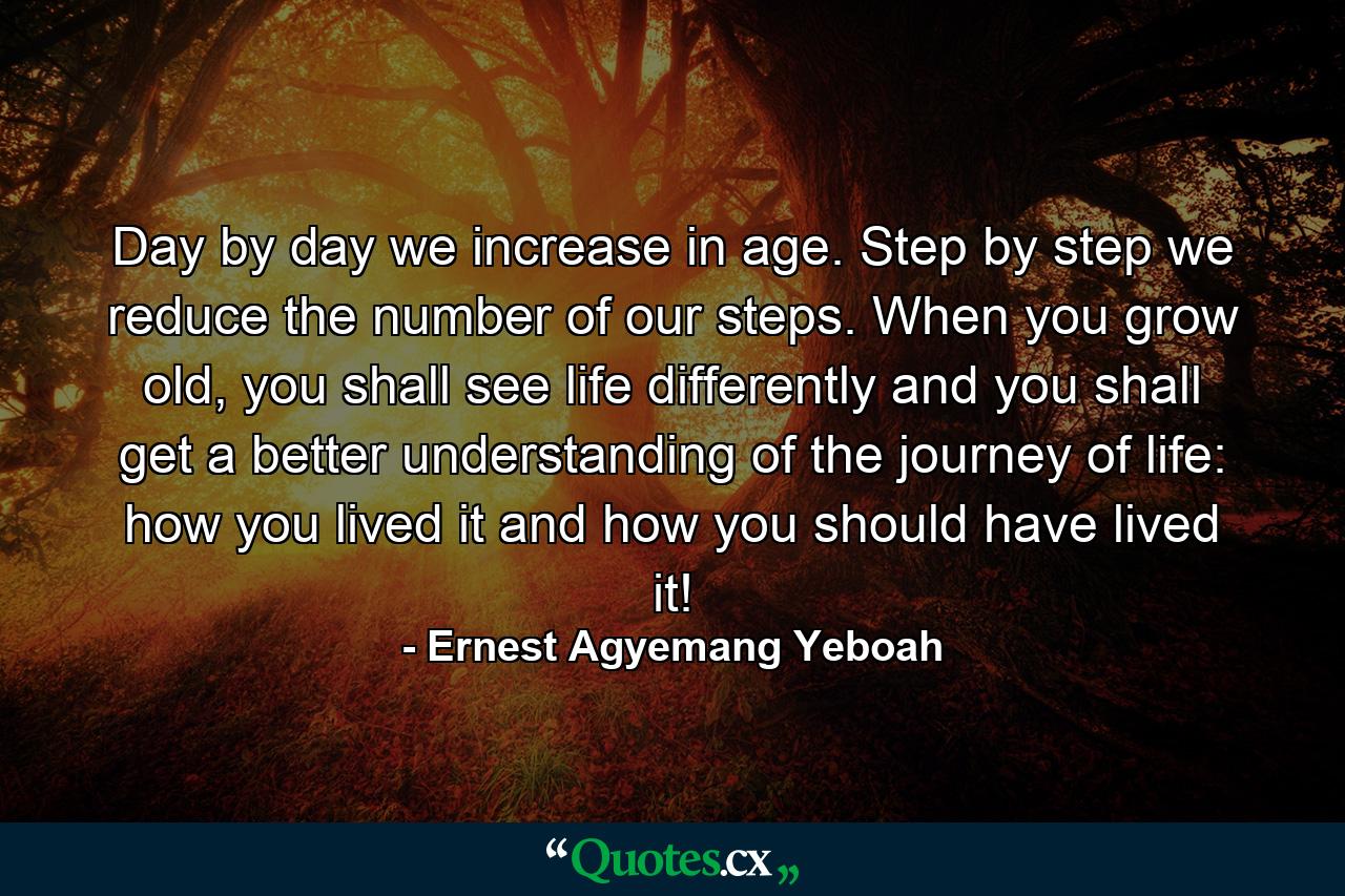 Day by day we increase in age. Step by step we reduce the number of our steps. When you grow old, you shall see life differently and you shall get a better understanding of the journey of life: how you lived it and how you should have lived it! - Quote by Ernest Agyemang Yeboah