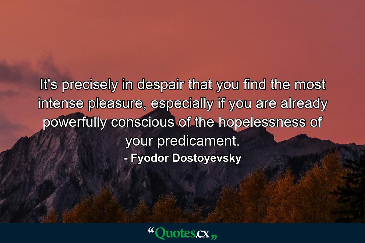 It's precisely in despair that you find the most intense pleasure, especially if you are already powerfully conscious of the hopelessness of your predicament. - Quote by Fyodor Dostoyevsky