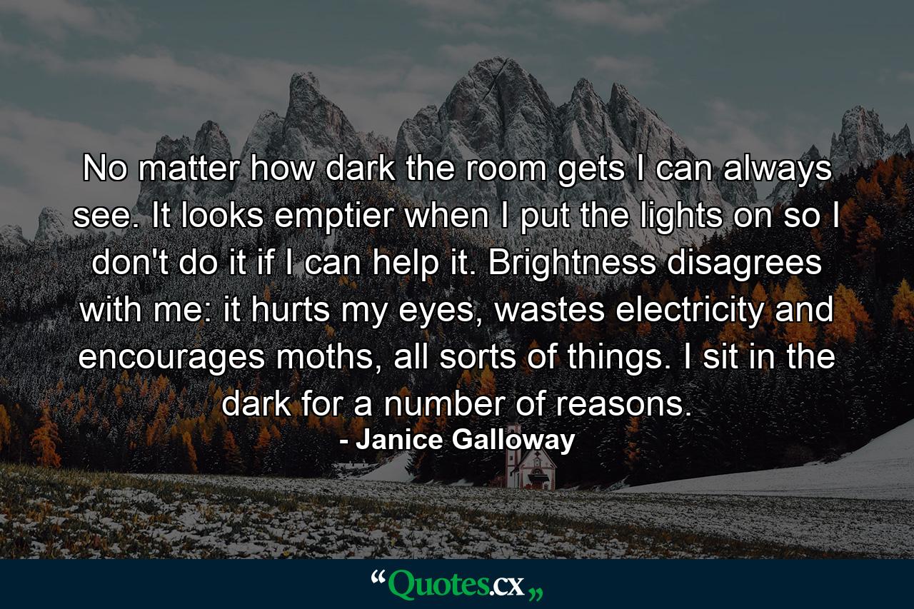 No matter how dark the room gets I can always see. It looks emptier when I put the lights on so I don't do it if I can help it. Brightness disagrees with me: it hurts my eyes, wastes electricity and encourages moths, all sorts of things. I sit in the dark for a number of reasons. - Quote by Janice Galloway