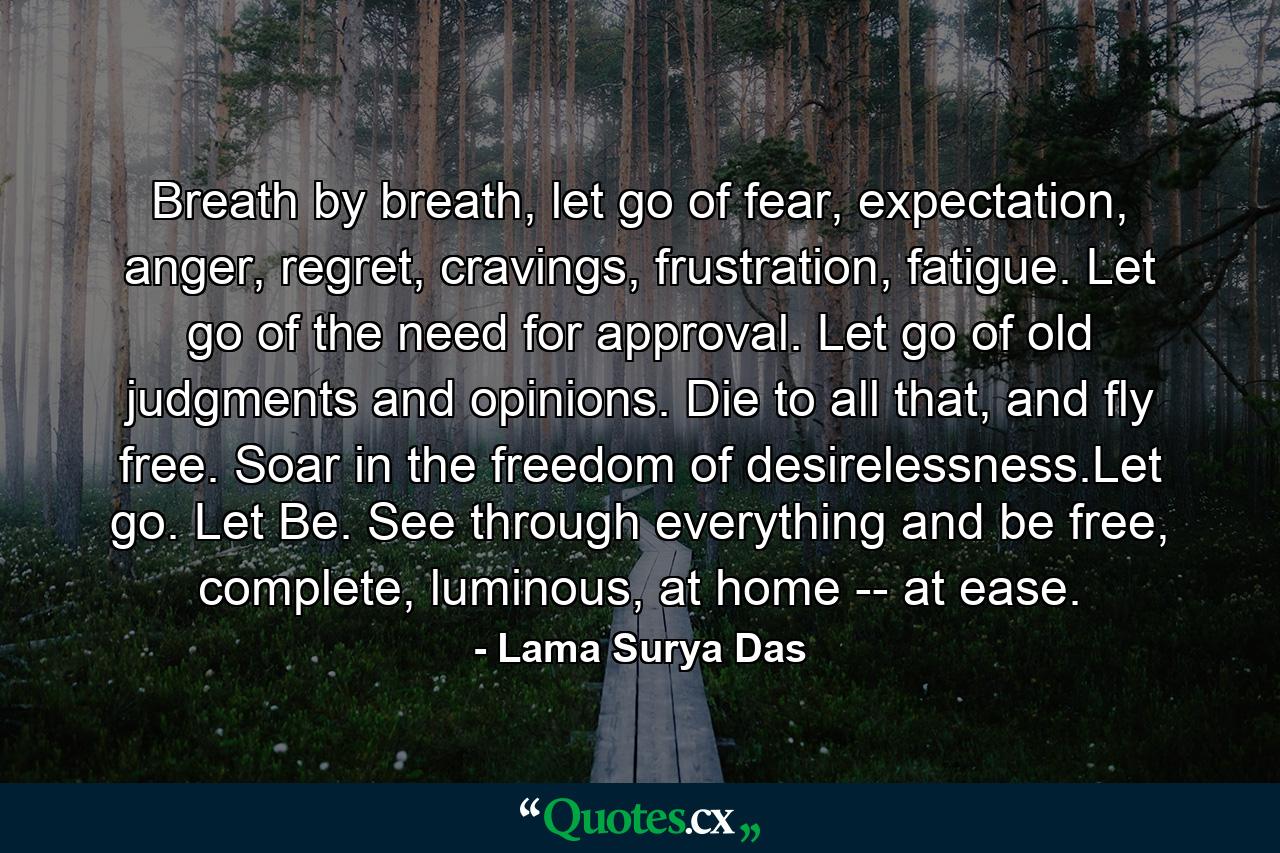 Breath by breath, let go of fear, expectation, anger, regret, cravings, frustration, fatigue. Let go of the need for approval. Let go of old judgments and opinions. Die to all that, and fly free. Soar in the freedom of desirelessness.Let go. Let Be. See through everything and be free, complete, luminous, at home -- at ease. - Quote by Lama Surya Das