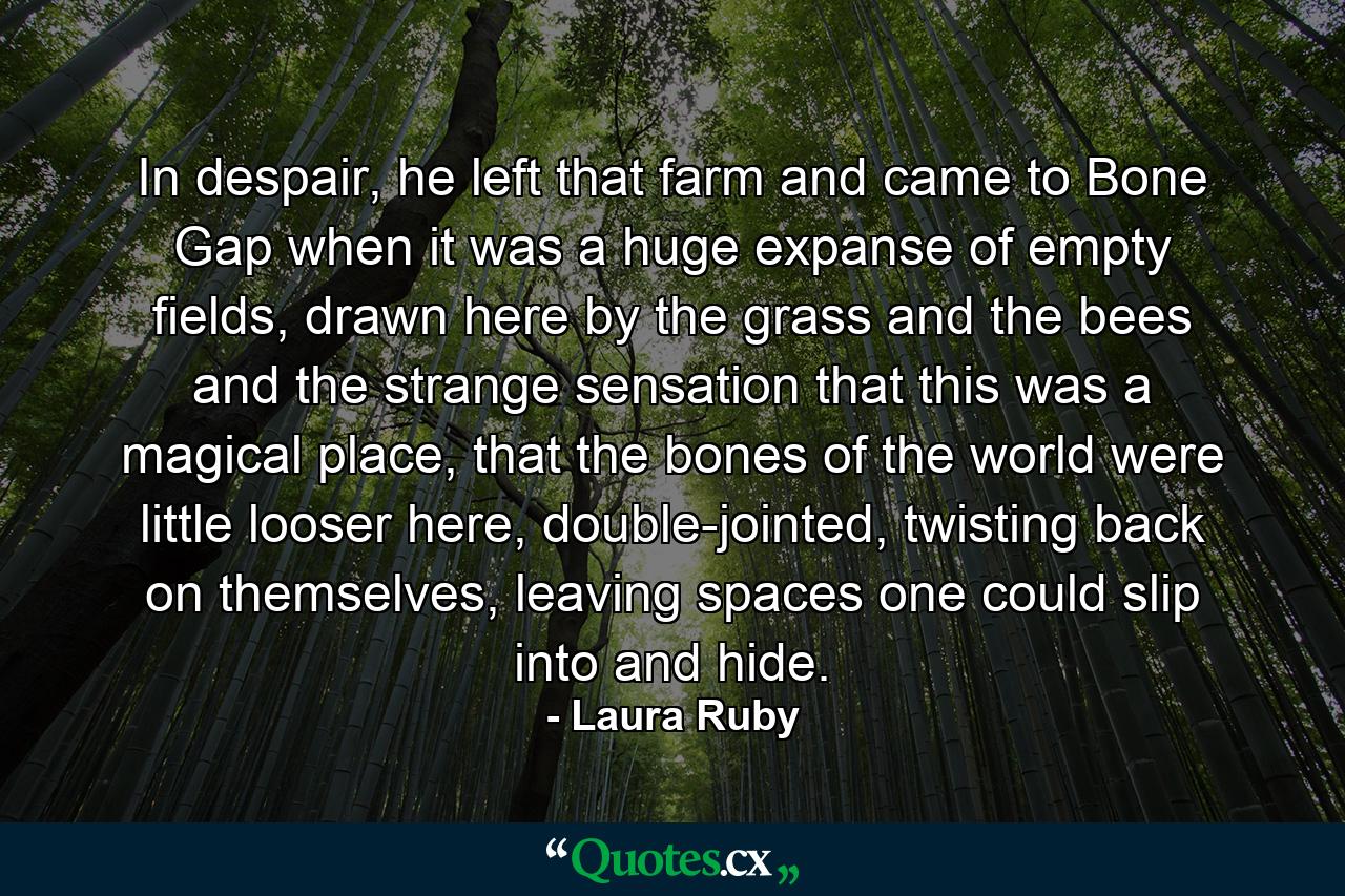 In despair, he left that farm and came to Bone Gap when it was a huge expanse of empty fields, drawn here by the grass and the bees and the strange sensation that this was a magical place, that the bones of the world were little looser here, double-jointed, twisting back on themselves, leaving spaces one could slip into and hide. - Quote by Laura Ruby