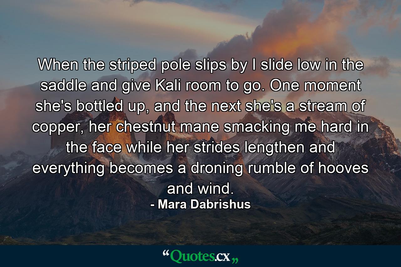 When the striped pole slips by I slide low in the saddle and give Kali room to go. One moment she's bottled up, and the next she's a stream of copper, her chestnut mane smacking me hard in the face while her strides lengthen and everything becomes a droning rumble of hooves and wind. - Quote by Mara Dabrishus