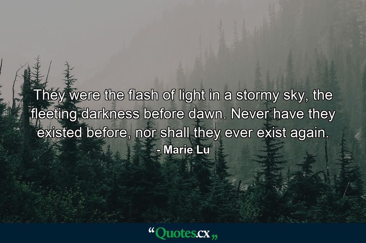 They were the flash of light in a stormy sky, the fleeting darkness before dawn. Never have they existed before, nor shall they ever exist again. - Quote by Marie Lu