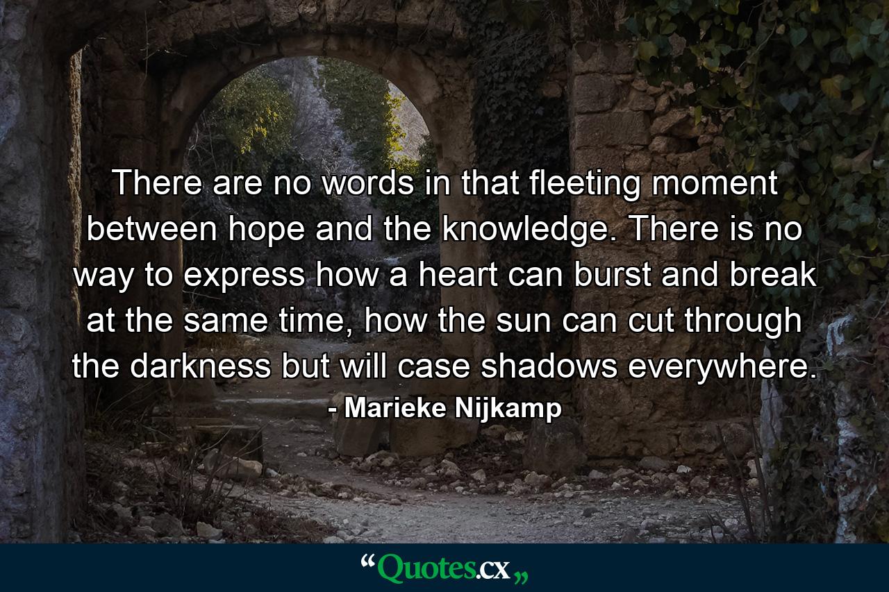 There are no words in that fleeting moment between hope and the knowledge. There is no way to express how a heart can burst and break at the same time, how the sun can cut through the darkness but will case shadows everywhere. - Quote by Marieke Nijkamp