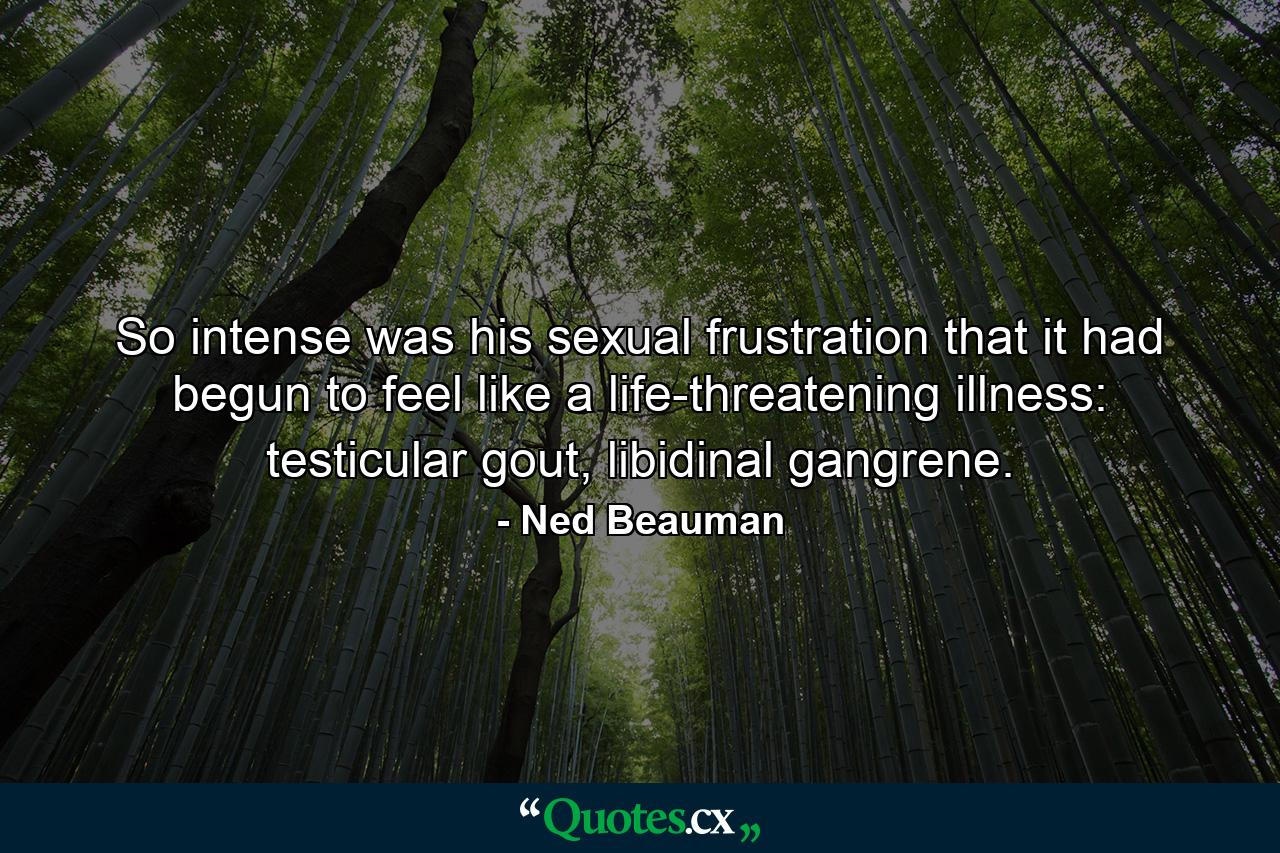 So intense was his sexual frustration that it had begun to feel like a life-threatening illness: testicular gout, libidinal gangrene. - Quote by Ned Beauman