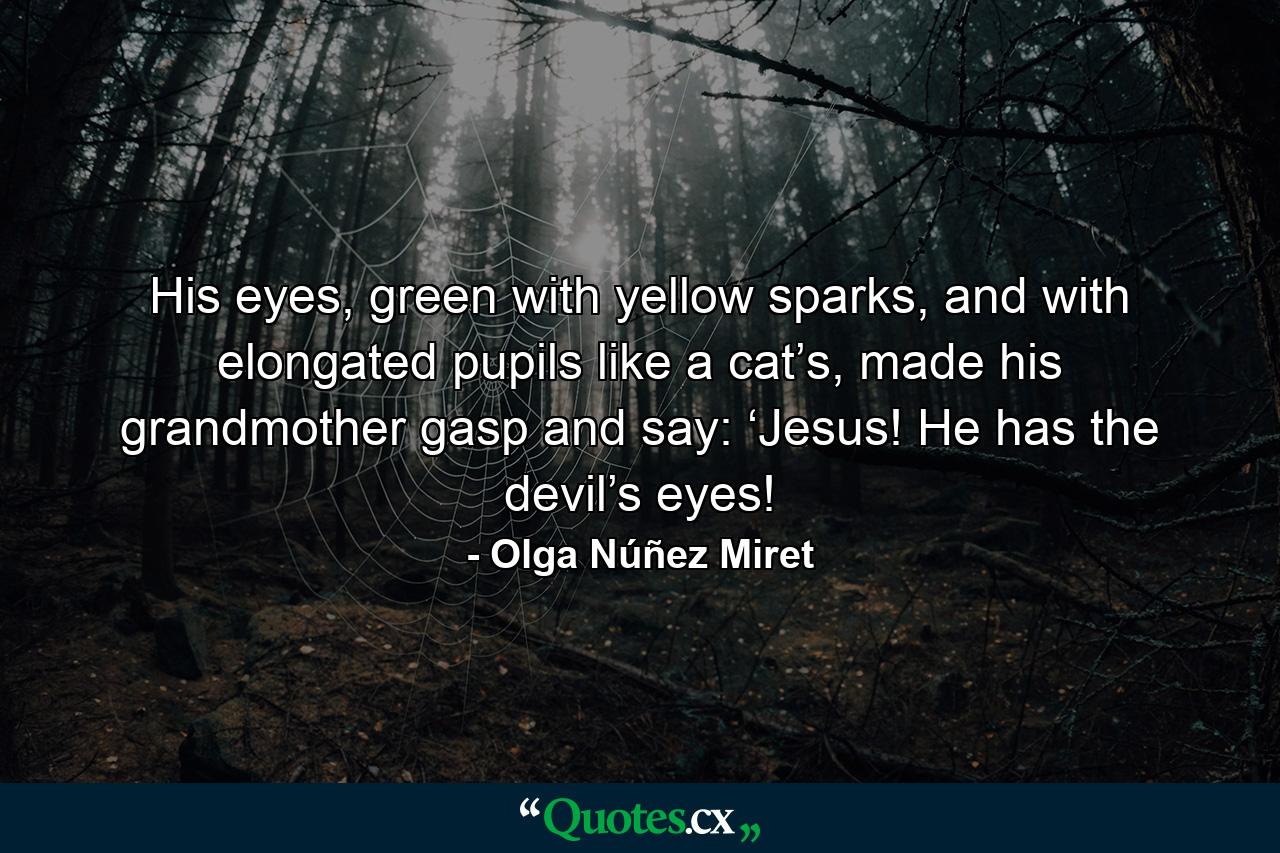 His eyes, green with yellow sparks, and with elongated pupils like a cat’s, made his grandmother gasp and say: ‘Jesus! He has the devil’s eyes! - Quote by Olga Núñez Miret