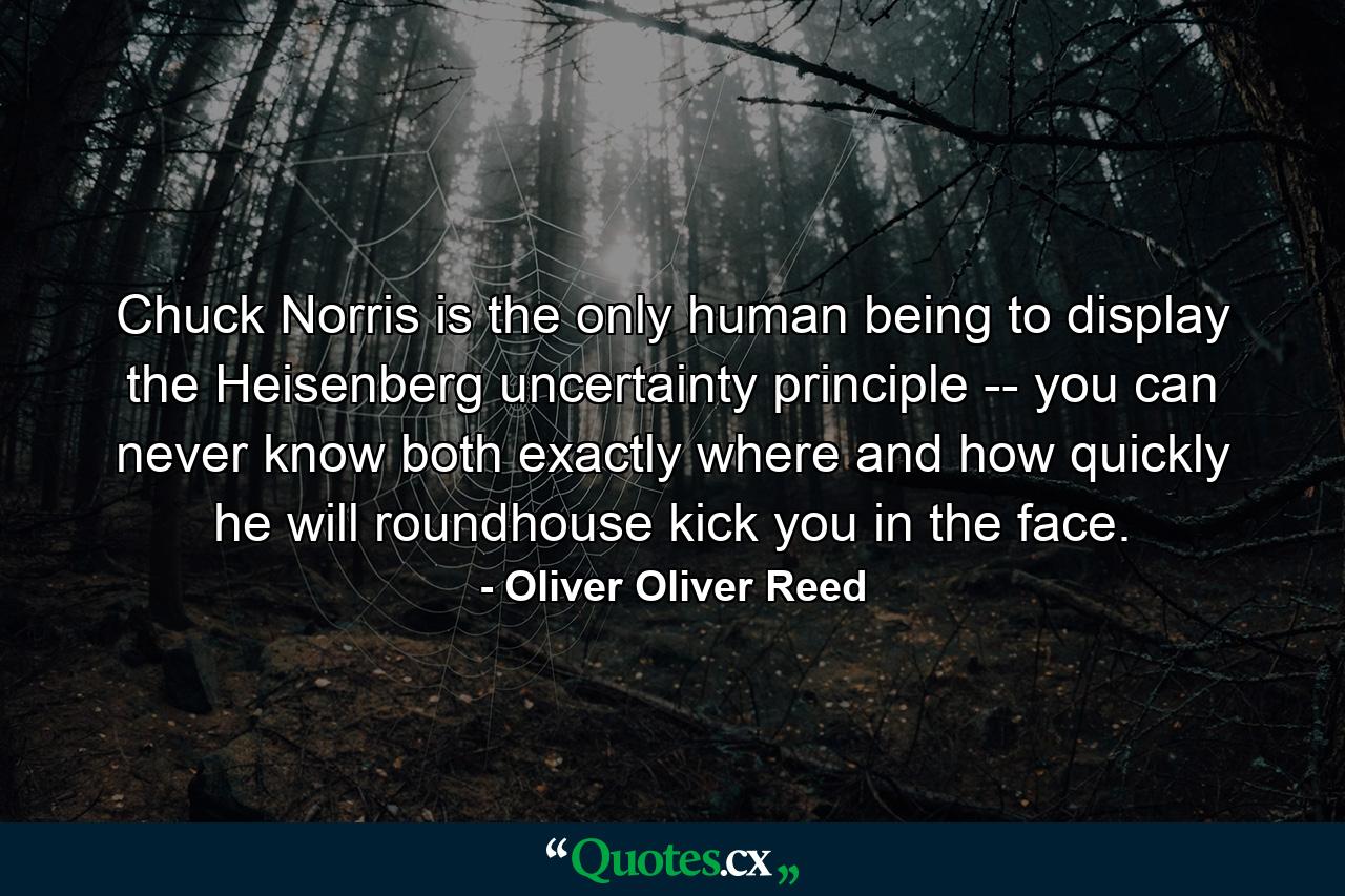 Chuck Norris is the only human being to display the Heisenberg uncertainty principle -- you can never know both exactly where and how quickly he will roundhouse kick you in the face. - Quote by Oliver Oliver Reed