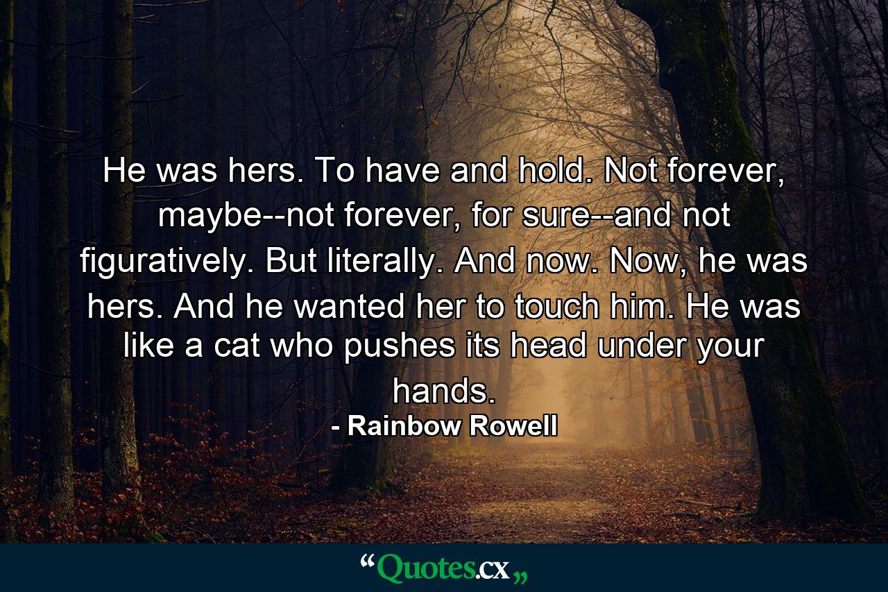 He was hers. To have and hold. Not forever, maybe--not forever, for sure--and not figuratively. But literally. And now. Now, he was hers. And he wanted her to touch him. He was like a cat who pushes its head under your hands. - Quote by Rainbow Rowell