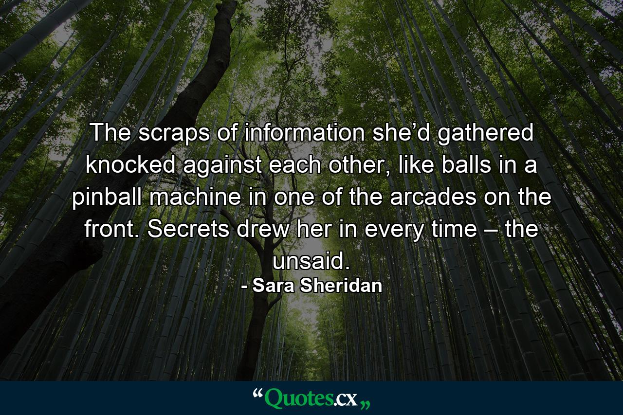 The scraps of information she’d gathered knocked against each other, like balls in a pinball machine in one of the arcades on the front. Secrets drew her in every time – the unsaid. - Quote by Sara Sheridan