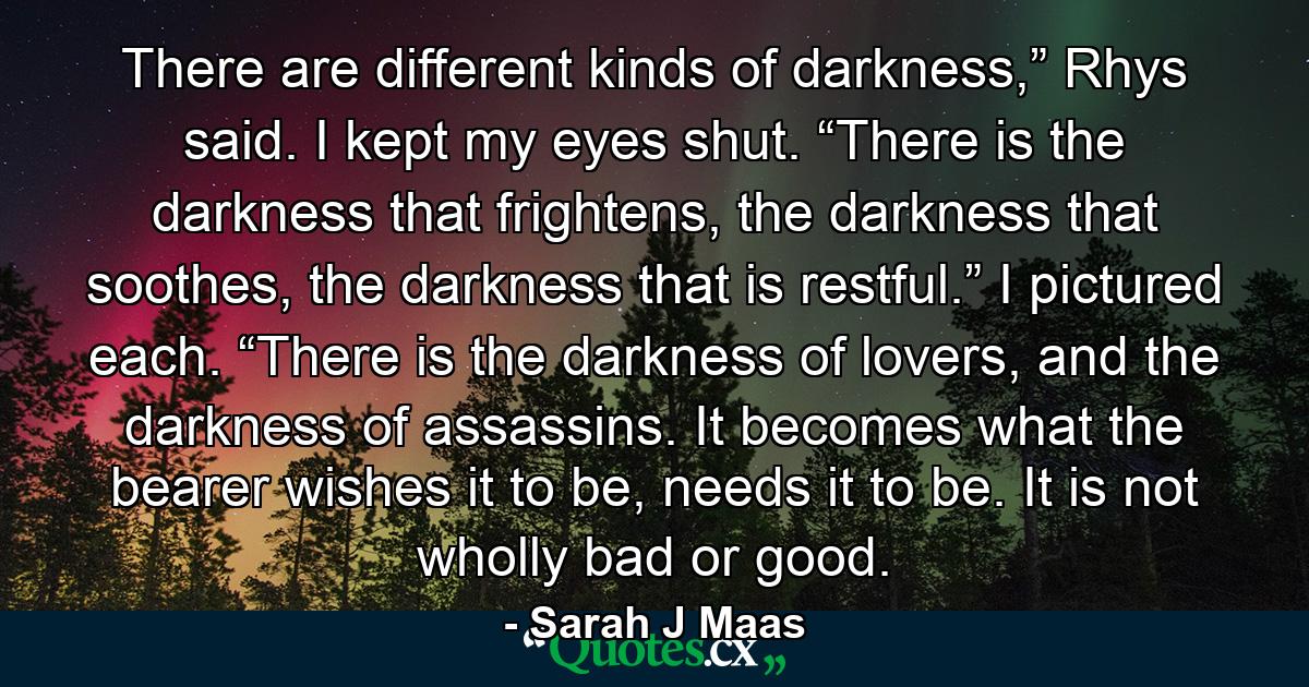 There are different kinds of darkness,” Rhys said. I kept my eyes shut. “There is the darkness that frightens, the darkness that soothes, the darkness that is restful.” I pictured each. “There is the darkness of lovers, and the darkness of assassins. It becomes what the bearer wishes it to be, needs it to be. It is not wholly bad or good. - Quote by Sarah J Maas