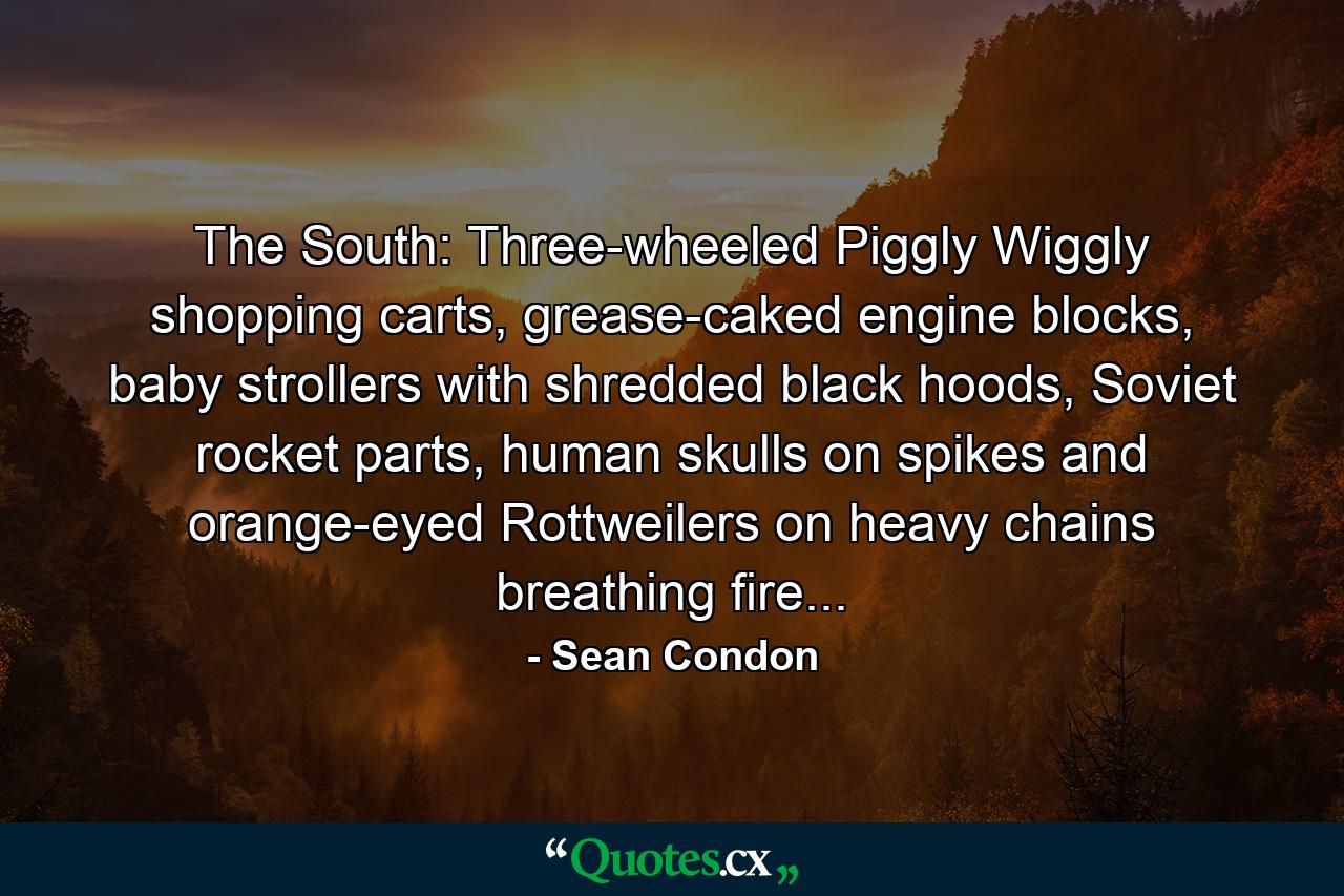 The South: Three-wheeled Piggly Wiggly shopping carts, grease-caked engine blocks, baby strollers with shredded black hoods, Soviet rocket parts, human skulls on spikes and orange-eyed Rottweilers on heavy chains breathing fire... - Quote by Sean Condon