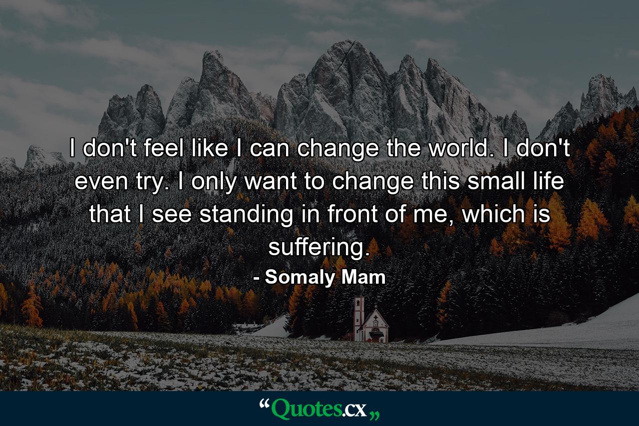 I don't feel like I can change the world. I don't even try. I only want to change this small life that I see standing in front of me, which is suffering. - Quote by Somaly Mam