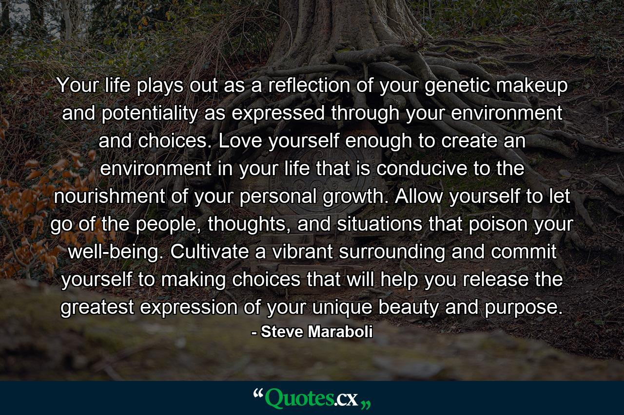 Your life plays out as a reflection of your genetic makeup and potentiality as expressed through your environment and choices. Love yourself enough to create an environment in your life that is conducive to the nourishment of your personal growth. Allow yourself to let go of the people, thoughts, and situations that poison your well-being. Cultivate a vibrant surrounding and commit yourself to making choices that will help you release the greatest expression of your unique beauty and purpose. - Quote by Steve Maraboli