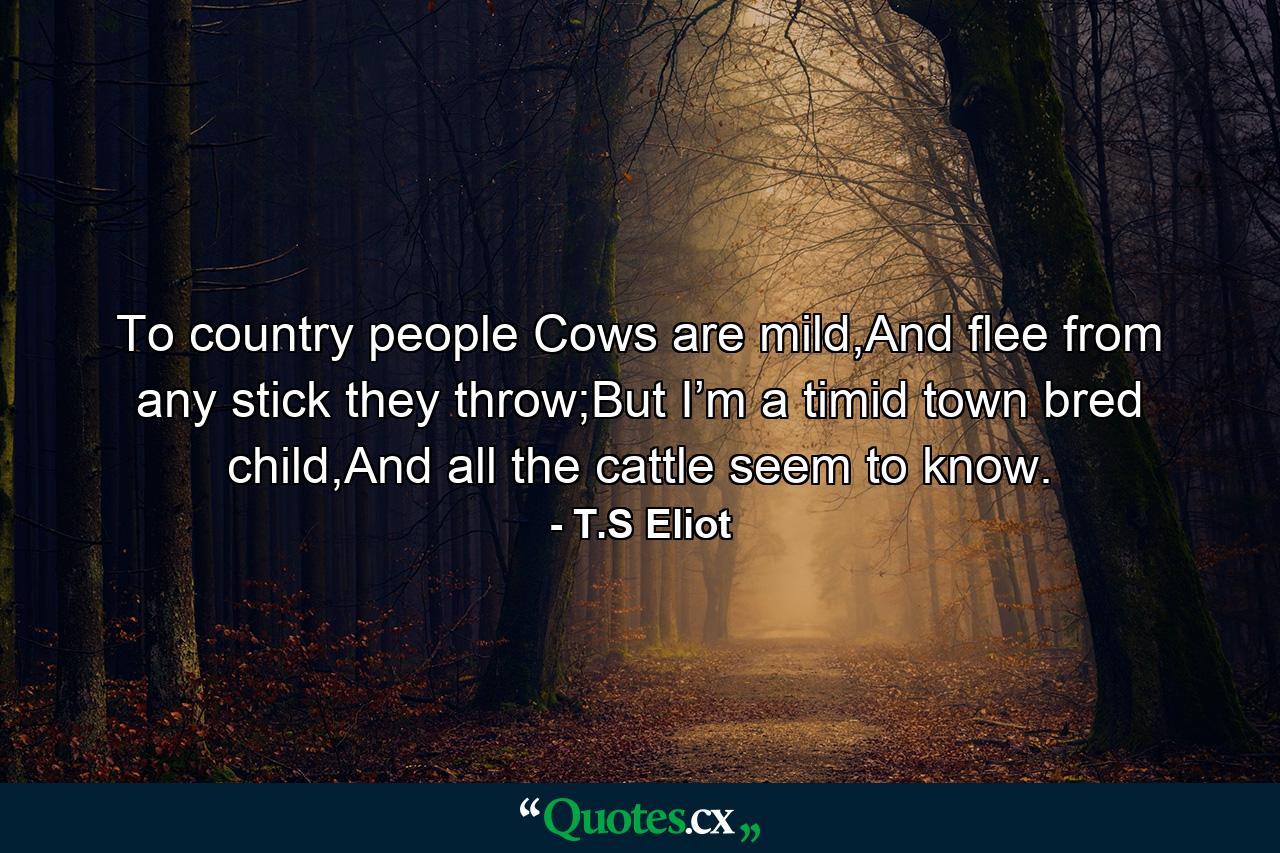 To country people Cows are mild,And flee from any stick they throw;But I’m a timid town bred child,And all the cattle seem to know. - Quote by T.S Eliot