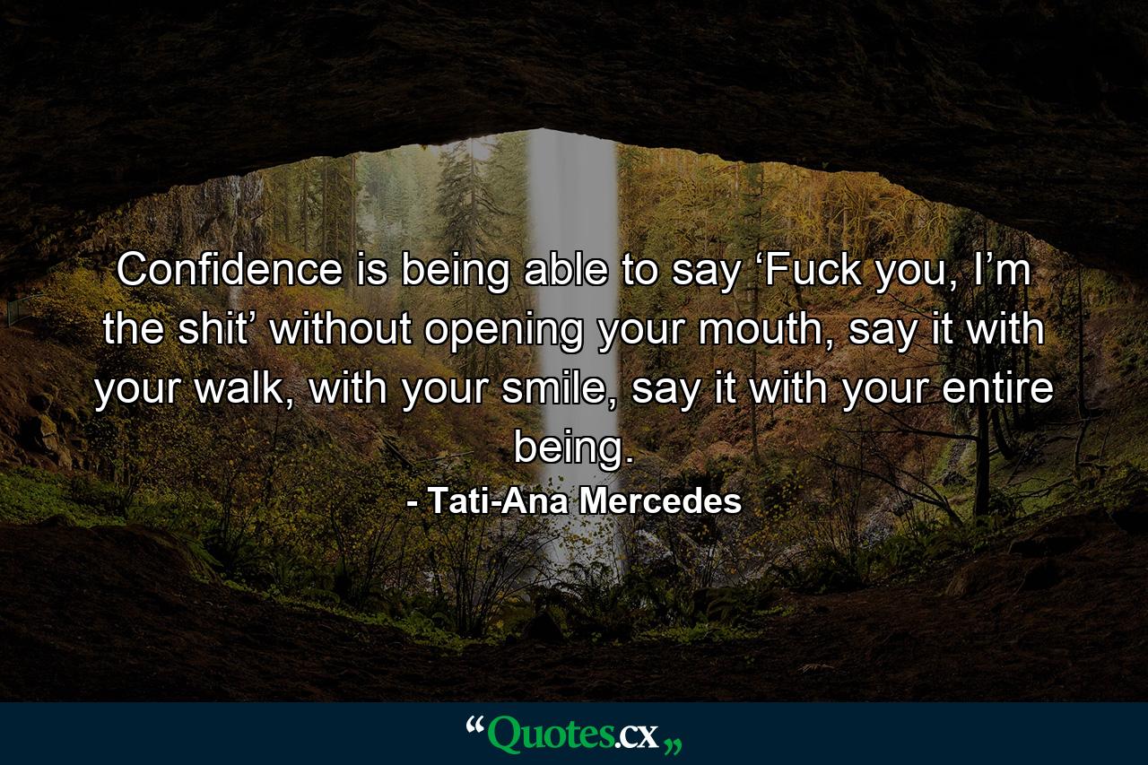 Confidence is being able to say ‘Fuck you, I’m the shit’ without opening your mouth, say it with your walk, with your smile, say it with your entire being. - Quote by Tati-Ana Mercedes