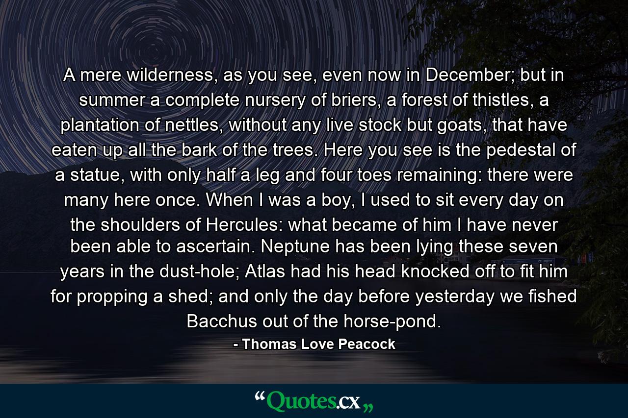 A mere wilderness, as you see, even now in December; but in summer a complete nursery of briers, a forest of thistles, a plantation of nettles, without any live stock but goats, that have eaten up all the bark of the trees. Here you see is the pedestal of a statue, with only half a leg and four toes remaining: there were many here once. When I was a boy, I used to sit every day on the shoulders of Hercules: what became of him I have never been able to ascertain. Neptune has been lying these seven years in the dust-hole; Atlas had his head knocked off to fit him for propping a shed; and only the day before yesterday we fished Bacchus out of the horse-pond. - Quote by Thomas Love Peacock