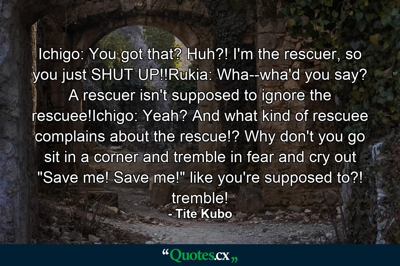 Ichigo: You got that? Huh?! I'm the rescuer, so you just SHUT UP!!Rukia: Wha--wha'd you say? A rescuer isn't supposed to ignore the rescuee!Ichigo: Yeah? And what kind of rescuee complains about the rescue!? Why don't you go sit in a corner and tremble in fear and cry out 