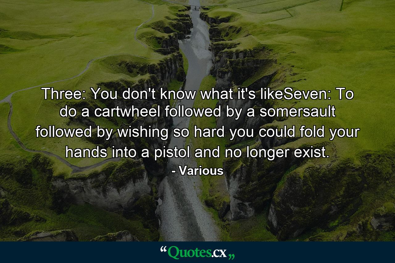 Three: You don't know what it's likeSeven: To do a cartwheel followed by a somersault followed by wishing so hard you could fold your hands into a pistol and no longer exist. - Quote by Various