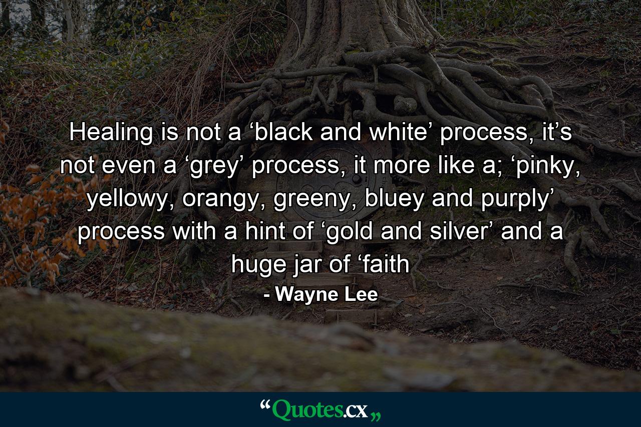 Healing is not a ‘black and white’ process, it’s not even a ‘grey’ process, it more like a; ‘pinky, yellowy, orangy, greeny, bluey and purply’ process with a hint of ‘gold and silver’ and a huge jar of ‘faith - Quote by Wayne Lee