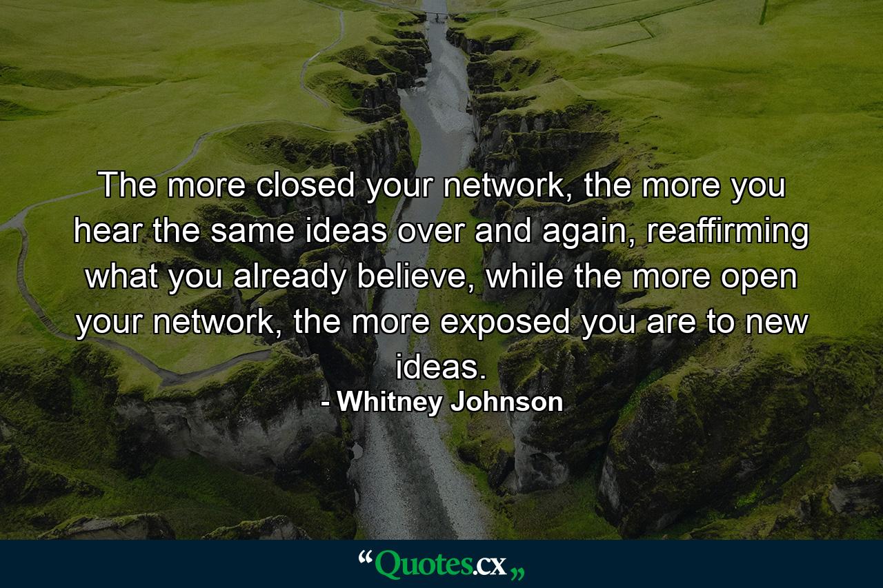 The more closed your network, the more you hear the same ideas over and again, reaffirming what you already believe, while the more open your network, the more exposed you are to new ideas. - Quote by Whitney Johnson