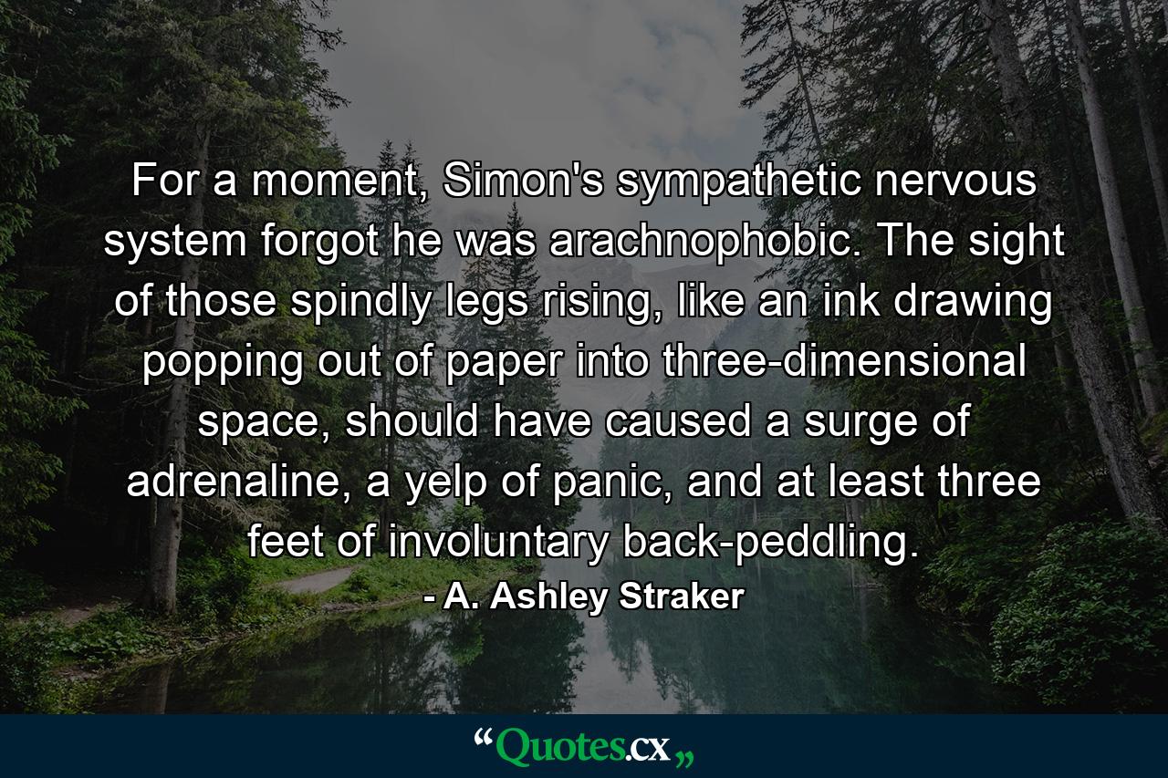 For a moment, Simon's sympathetic nervous system forgot he was arachnophobic. The sight of those spindly legs rising, like an ink drawing popping out of paper into three-dimensional space, should have caused a surge of adrenaline, a yelp of panic, and at least three feet of involuntary back-peddling. - Quote by A. Ashley Straker