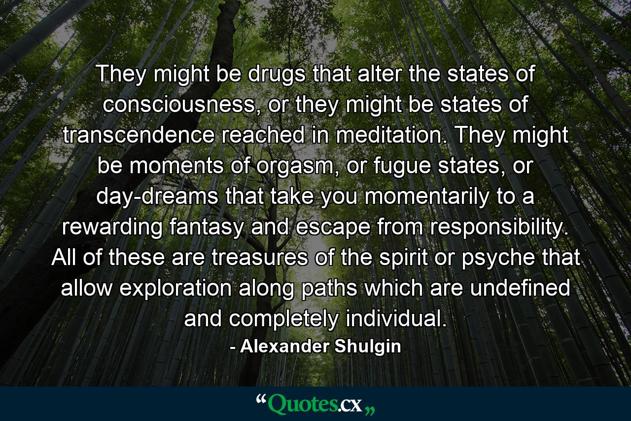 They might be drugs that alter the states of consciousness, or they might be states of transcendence reached in meditation. They might be moments of orgasm, or fugue states, or day-dreams that take you momentarily to a rewarding fantasy and escape from responsibility. All of these are treasures of the spirit or psyche that allow exploration along paths which are undefined and completely individual. - Quote by Alexander Shulgin