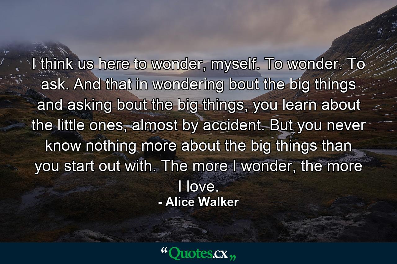 I think us here to wonder, myself. To wonder. To ask. And that in wondering bout the big things and asking bout the big things, you learn about the little ones, almost by accident. But you never know nothing more about the big things than you start out with. The more I wonder, the more I love. - Quote by Alice Walker