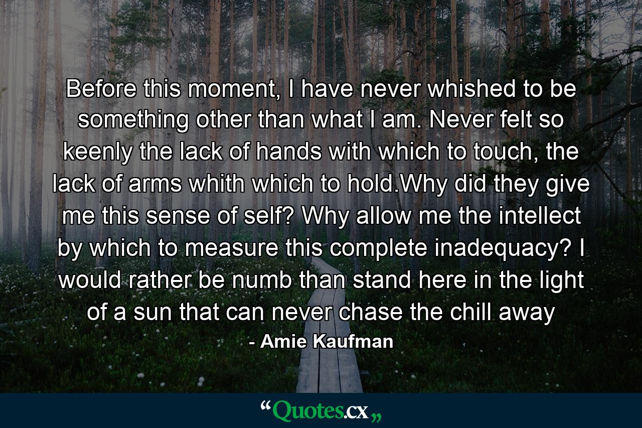 Before this moment, I have never whished to be something other than what I am. Never felt so keenly the lack of hands with which to touch, the lack of arms whith which to hold.Why did they give me this sense of self? Why allow me the intellect by which to measure this complete inadequacy? I would rather be numb than stand here in the light of a sun that can never chase the chill away - Quote by Amie Kaufman