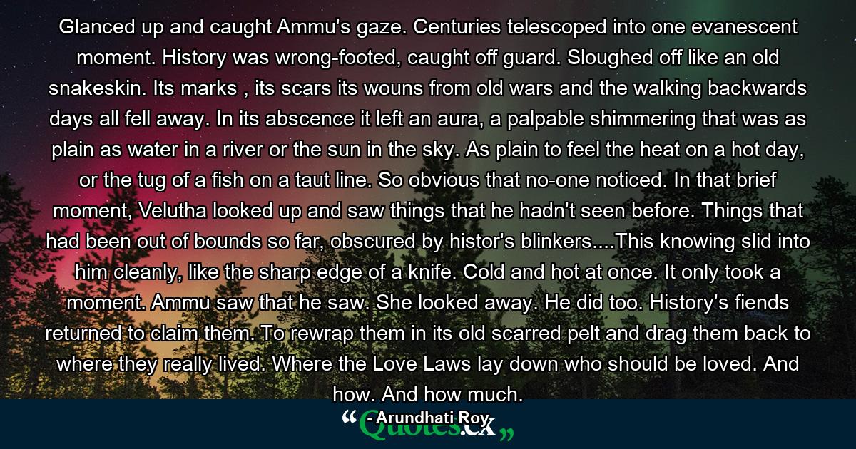 Glanced up and caught Ammu's gaze. Centuries telescoped into one evanescent moment. History was wrong-footed, caught off guard. Sloughed off like an old snakeskin. Its marks , its scars its wouns from old wars and the walking backwards days all fell away. In its abscence it left an aura, a palpable shimmering that was as plain as water in a river or the sun in the sky. As plain to feel the heat on a hot day, or the tug of a fish on a taut line. So obvious that no-one noticed. In that brief moment, Velutha looked up and saw things that he hadn't seen before. Things that had been out of bounds so far, obscured by histor's blinkers....This knowing slid into him cleanly, like the sharp edge of a knife. Cold and hot at once. It only took a moment. Ammu saw that he saw. She looked away. He did too. History's fiends returned to claim them. To rewrap them in its old scarred pelt and drag them back to where they really lived. Where the Love Laws lay down who should be loved. And how. And how much. - Quote by Arundhati Roy