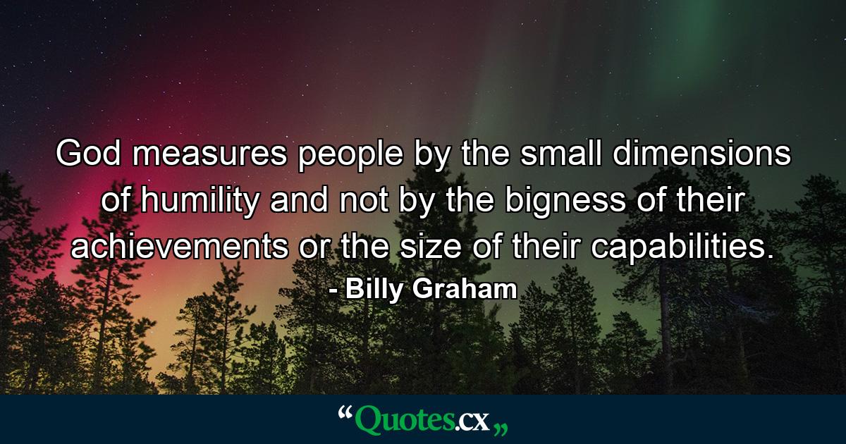 God measures people by the small dimensions of humility and not by the bigness of their achievements or the size of their capabilities. - Quote by Billy Graham