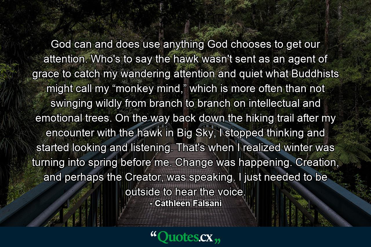 God can and does use anything God chooses to get our attention. Who's to say the hawk wasn't sent as an agent of grace to catch my wandering attention and quiet what Buddhists might call my “monkey mind,” which is more often than not swinging wildly from branch to branch on intellectual and emotional trees. On the way back down the hiking trail after my encounter with the hawk in Big Sky, I stopped thinking and started looking and listening. That's when I realized winter was turning into spring before me. Change was happening. Creation, and perhaps the Creator, was speaking. I just needed to be outside to hear the voice. - Quote by Cathleen Falsani