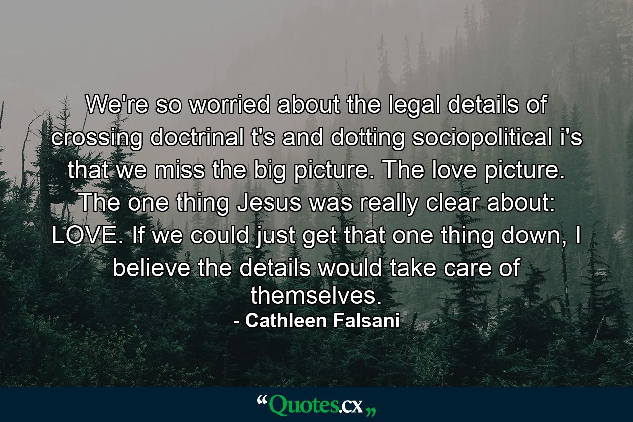 We're so worried about the legal details of crossing doctrinal t's and dotting sociopolitical i's that we miss the big picture. The love picture. The one thing Jesus was really clear about: LOVE. If we could just get that one thing down, I believe the details would take care of themselves. - Quote by Cathleen Falsani