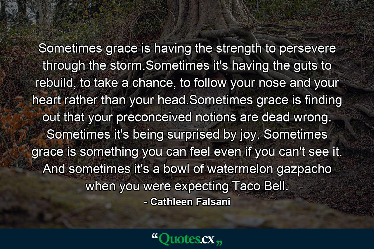 Sometimes grace is having the strength to persevere through the storm.Sometimes it's having the guts to rebuild, to take a chance, to follow your nose and your heart rather than your head.Sometimes grace is finding out that your preconceived notions are dead wrong. Sometimes it's being surprised by joy. Sometimes grace is something you can feel even if you can't see it. And sometimes it's a bowl of watermelon gazpacho when you were expecting Taco Bell. - Quote by Cathleen Falsani