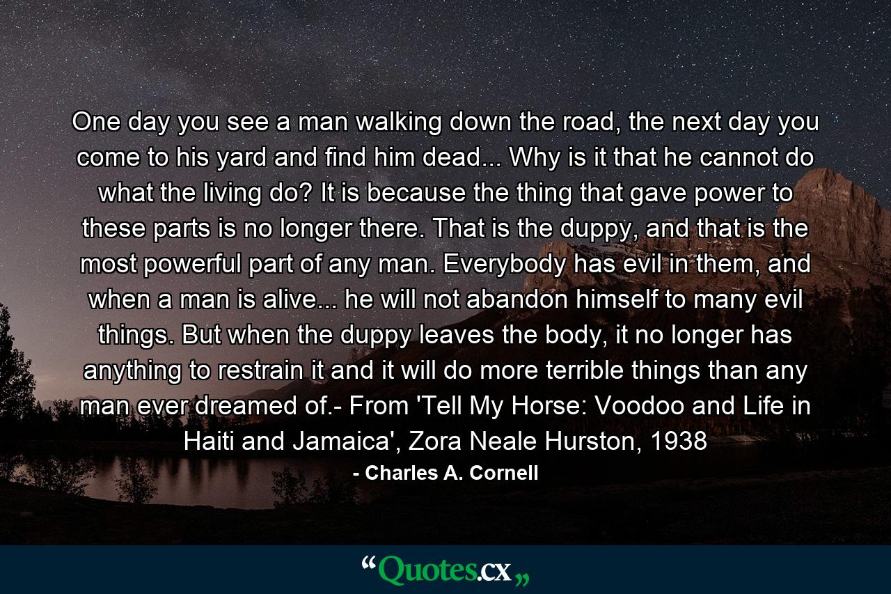 One day you see a man walking down the road, the next day you come to his yard and find him dead... Why is it that he cannot do what the living do? It is because the thing that gave power to these parts is no longer there. That is the duppy, and that is the most powerful part of any man. Everybody has evil in them, and when a man is alive... he will not abandon himself to many evil things. But when the duppy leaves the body, it no longer has anything to restrain it and it will do more terrible things than any man ever dreamed of.- From 'Tell My Horse: Voodoo and Life in Haiti and Jamaica', Zora Neale Hurston, 1938 - Quote by Charles A. Cornell