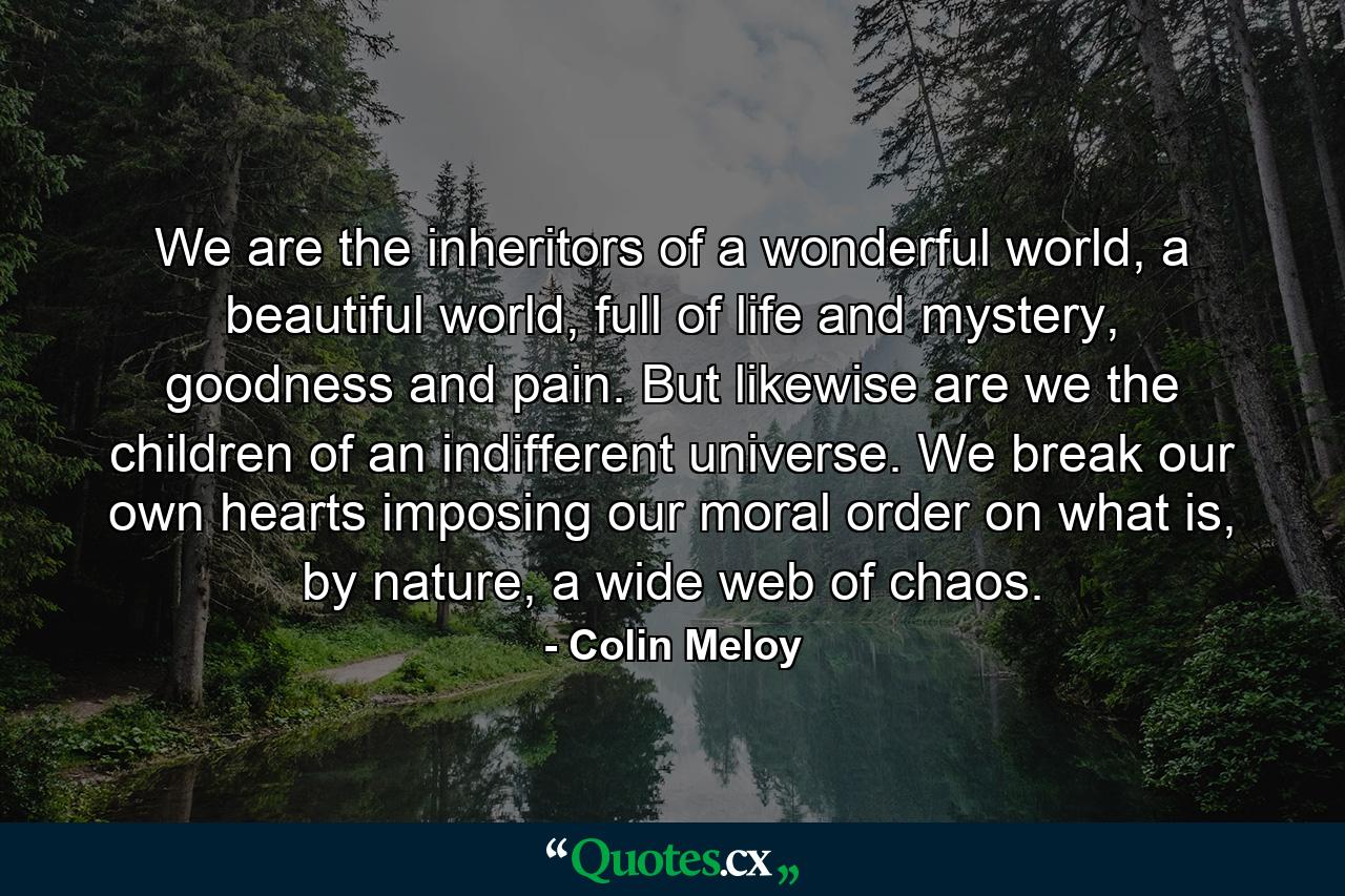 We are the inheritors of a wonderful world, a beautiful world, full of life and mystery, goodness and pain. But likewise are we the children of an indifferent universe. We break our own hearts imposing our moral order on what is, by nature, a wide web of chaos. - Quote by Colin Meloy