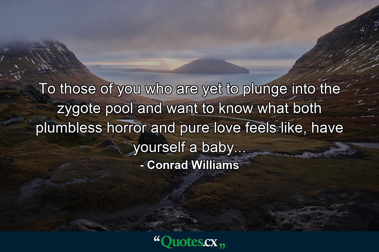 To those of you who are yet to plunge into the zygote pool and want to know what both plumbless horror and pure love feels like, have yourself a baby... - Quote by Conrad Williams