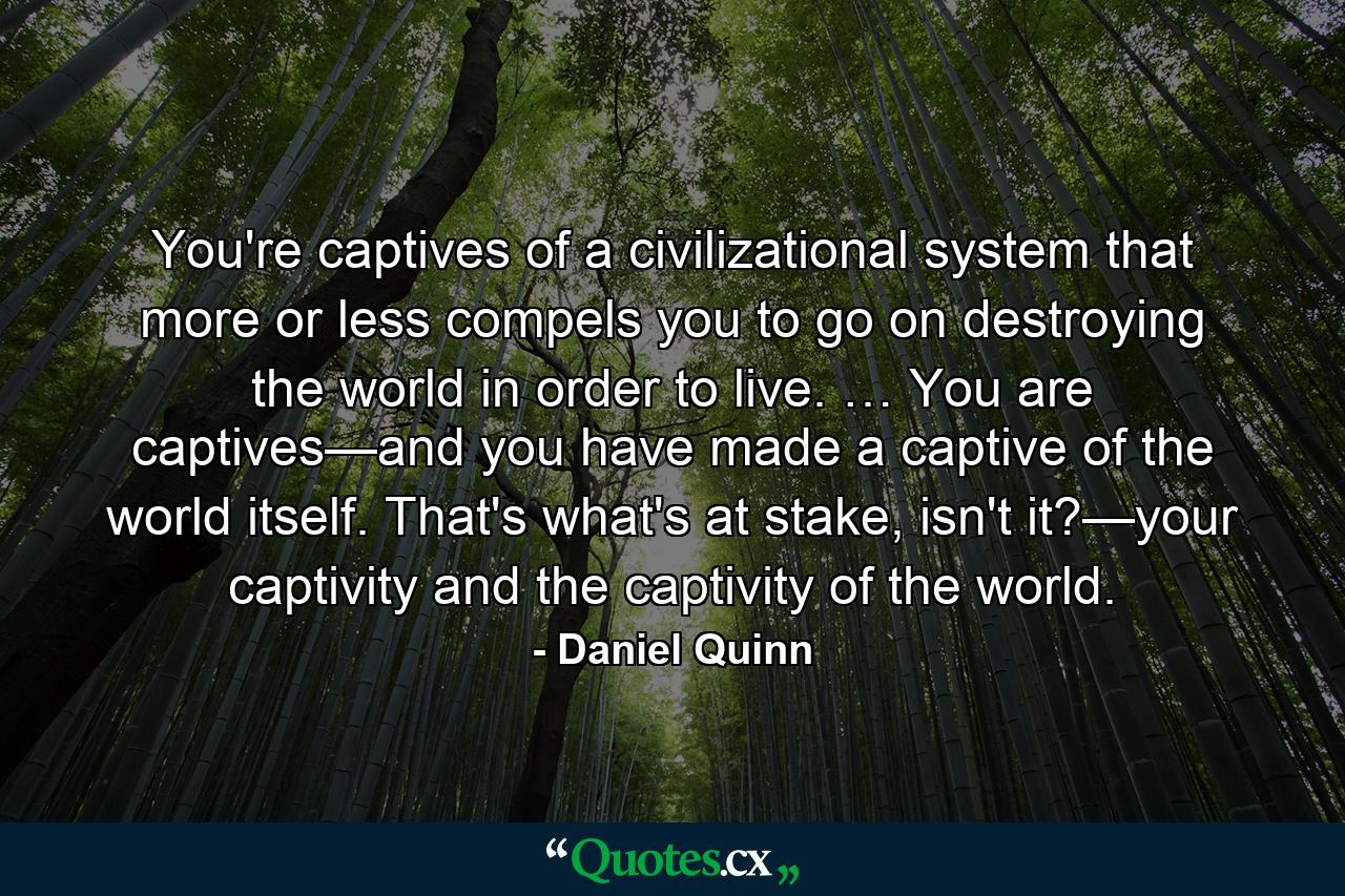 You're captives of a civilizational system that more or less compels you to go on destroying the world in order to live. … You are captives—and you have made a captive of the world itself. That's what's at stake, isn't it?—your captivity and the captivity of the world. - Quote by Daniel Quinn