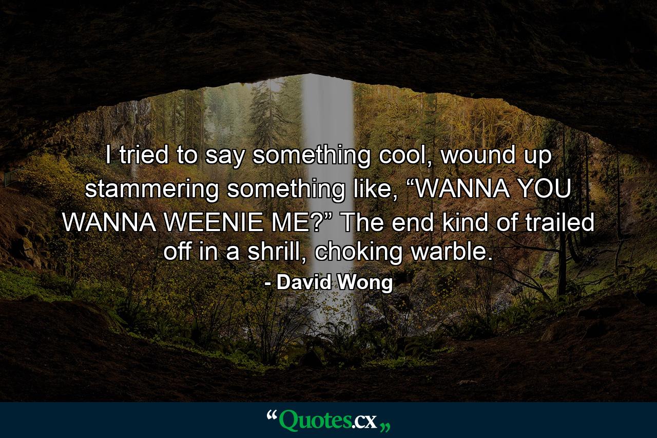 I tried to say something cool, wound up stammering something like, “WANNA YOU WANNA WEENIE ME?” The end kind of trailed off in a shrill, choking warble. - Quote by David Wong