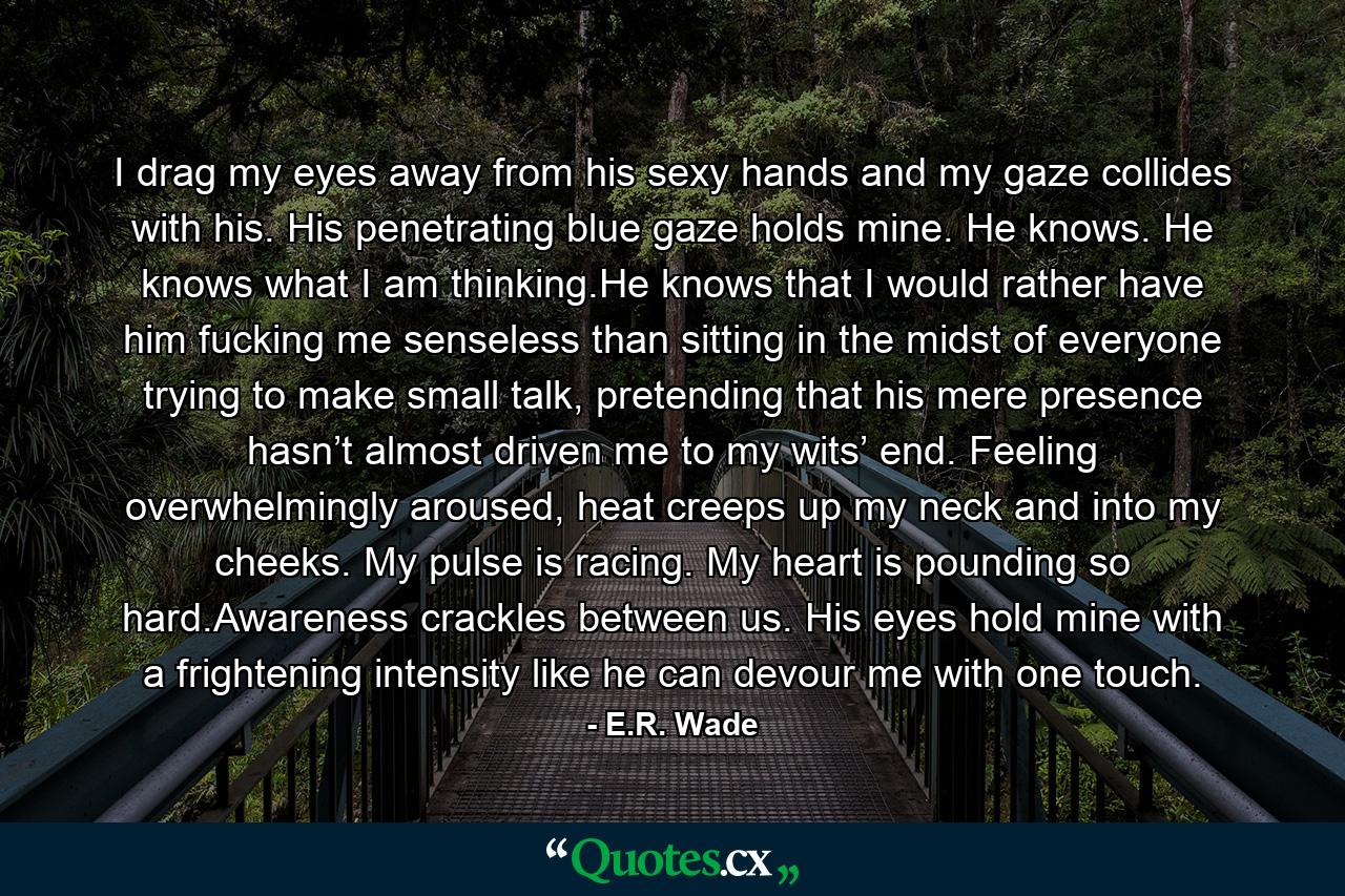 I drag my eyes away from his sexy hands and my gaze collides with his. His penetrating blue gaze holds mine. He knows. He knows what I am thinking.He knows that I would rather have him fucking me senseless than sitting in the midst of everyone trying to make small talk, pretending that his mere presence hasn’t almost driven me to my wits’ end. Feeling overwhelmingly aroused, heat creeps up my neck and into my cheeks. My pulse is racing. My heart is pounding so hard.Awareness crackles between us. His eyes hold mine with a frightening intensity like he can devour me with one touch. - Quote by E.R. Wade