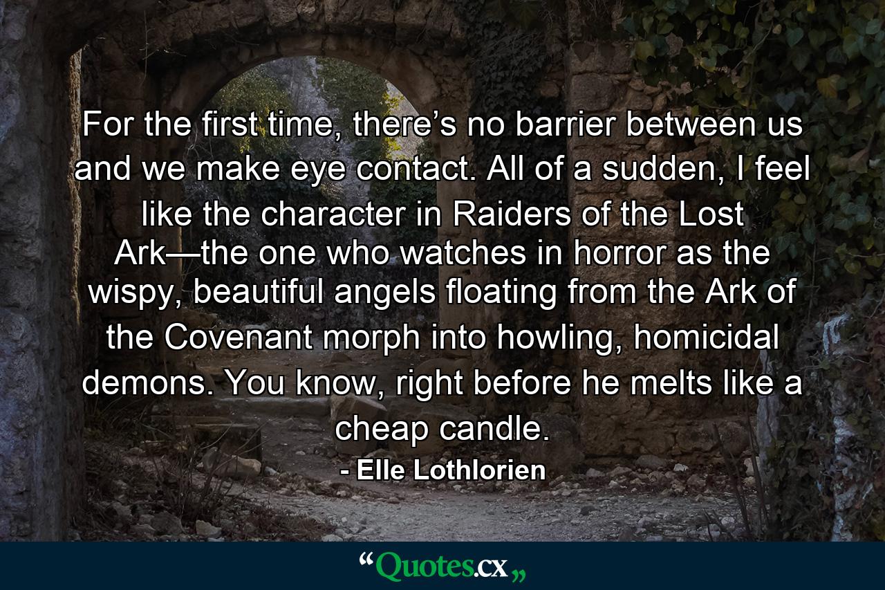 For the first time, there’s no barrier between us and we make eye contact. All of a sudden, I feel like the character in Raiders of the Lost Ark—the one who watches in horror as the wispy, beautiful angels floating from the Ark of the Covenant morph into howling, homicidal demons. You know, right before he melts like a cheap candle. - Quote by Elle Lothlorien