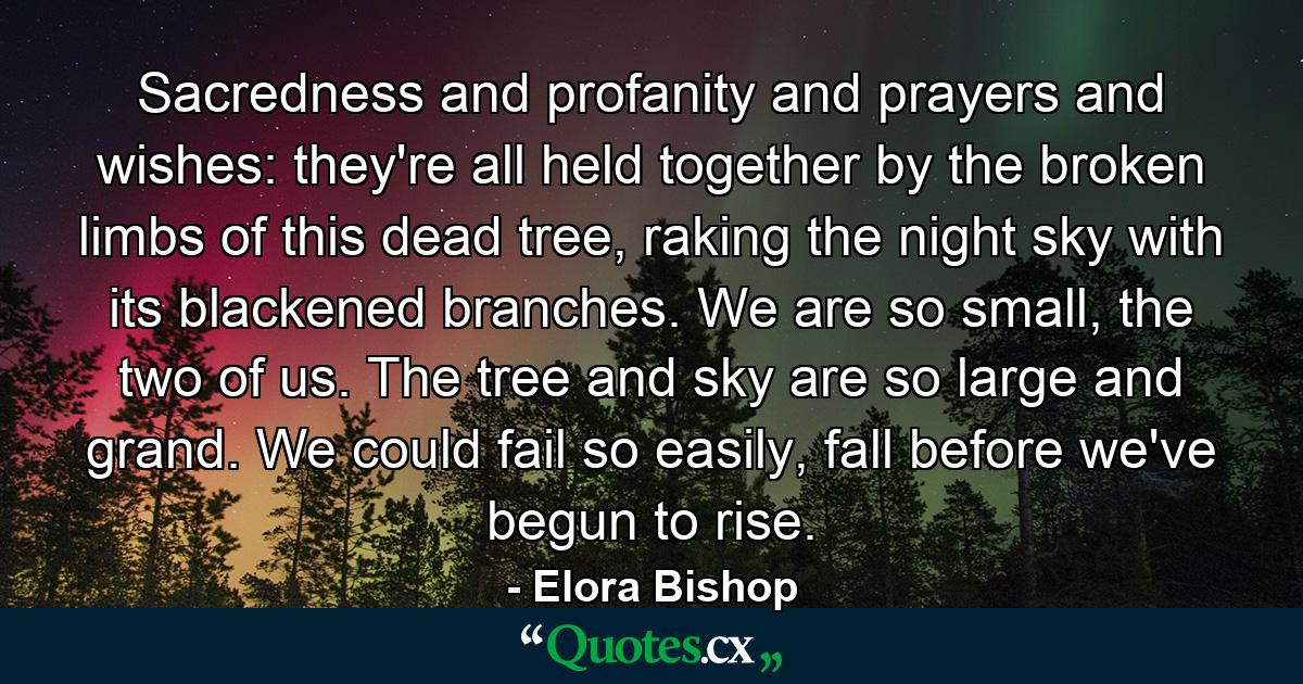 Sacredness and profanity and prayers and wishes: they're all held together by the broken limbs of this dead tree, raking the night sky with its blackened branches. We are so small, the two of us. The tree and sky are so large and grand. We could fail so easily, fall before we've begun to rise. - Quote by Elora Bishop