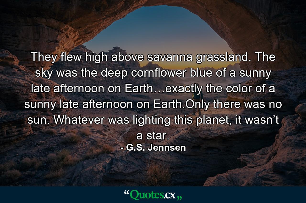 They flew high above savanna grassland. The sky was the deep cornflower blue of a sunny late afternoon on Earth…exactly the color of a sunny late afternoon on Earth.Only there was no sun. Whatever was lighting this planet, it wasn’t a star. - Quote by G.S. Jennsen