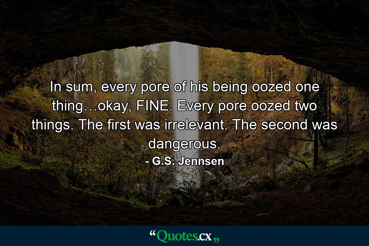 In sum, every pore of his being oozed one thing…okay, FINE. Every pore oozed two things. The first was irrelevant. The second was dangerous. - Quote by G.S. Jennsen